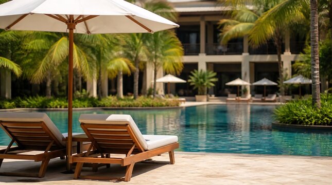 Wooden lounge chairs and umbrellas in tropical resort pool