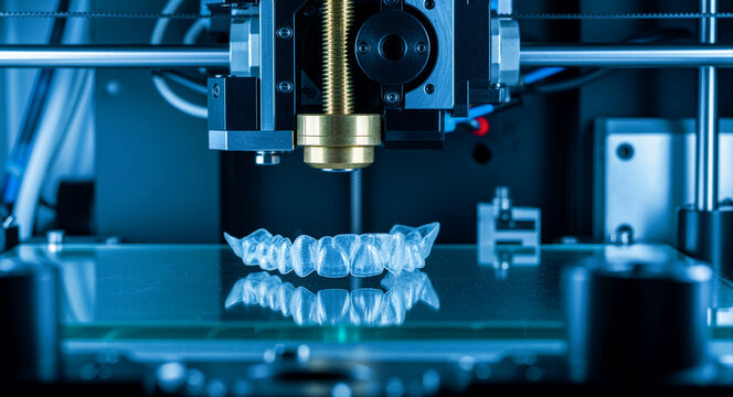 Close-up of a 3D printer nozzle fabricating a clear dental aligner. Precision additive manufacturing creating orthodontic models in a lab. Digital dentistry and medical technology concept.