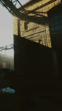 Sunlight shines on a brick wall at a construction site. A crane is visible in the background. Shadows stretch across the ground as the day begins. Dust and debris are scattered around the area.