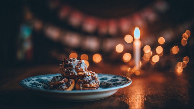 bunting. Danish porcelain plate with blue floral patterns, cinnamon pastries, festive bunting. menu design, packaging mockups, designed for culinary blogs and recipe cards for restaurants.