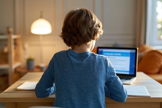 Boy sitting at desk using laptop education learning