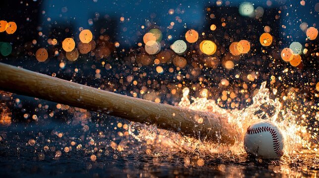 Bat hits ball creating a splash against a bokeh city background