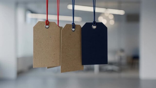 Blank hanging paper tags with red and blue strings for product labeling and branding on blurred background
