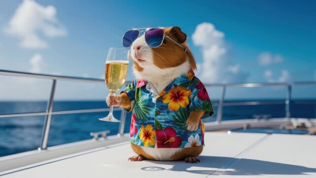 Cute guinea pig wearing sunglasses and a tropical shirt enjoying a sunny day on a luxury yacht with a drink