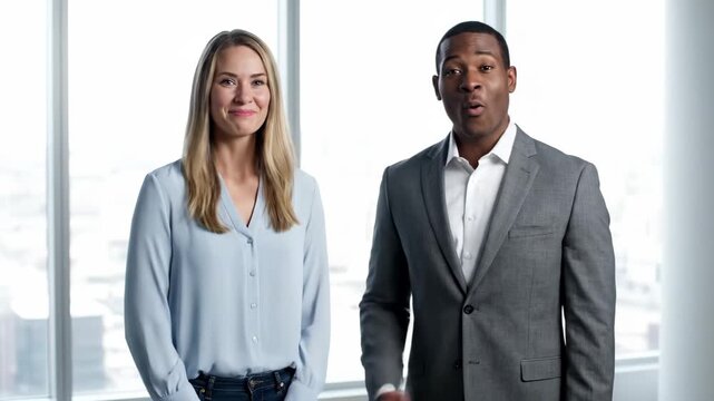 Indoor photos of male and female business people, smiling conversations between business men and women