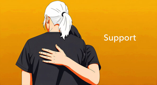Person with white hair receiving a comforting hug from a friend. Modern cel-shaded illustration with 'Support' text on orange background. Mental health and empathy concept for wellness marketing.