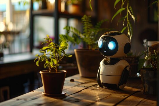 Cute white robot looking at a small plant placed on a wooden table in a restaurant, artificial intelligence concept
