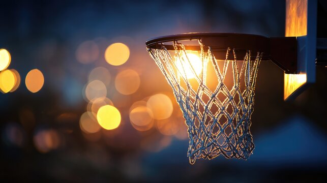 Evening sun shines through a basketball net with bokeh background