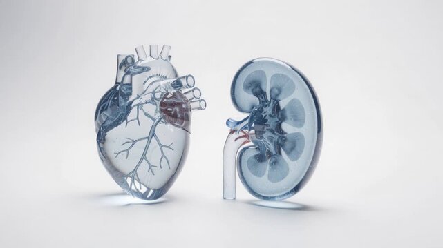 Transparent glass models of human heart and kidney isolated on white background medical anatomy concept