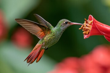 Fototapeta premium The Hummingbird in Turquoise Plumage Feeds on a Bright Red Bloom