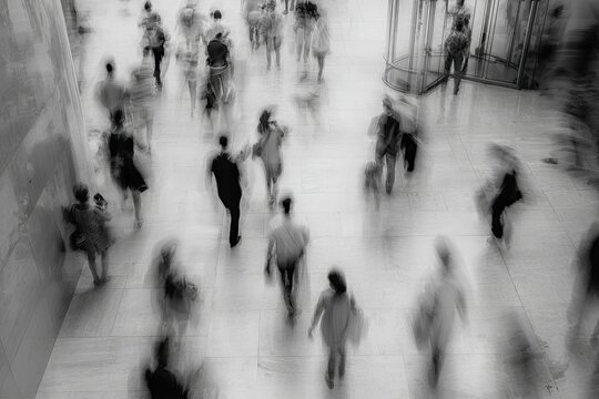 Blurred motion of people walking in a bright, modern indoor space