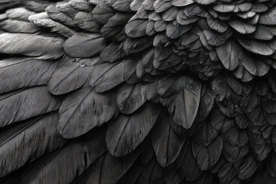 Close-up textured view of overlapping dark gray bird feathers, revealing intricate details