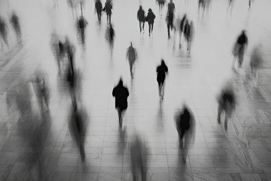 Blurry figures of people moving through a tiled expanse, creating motion