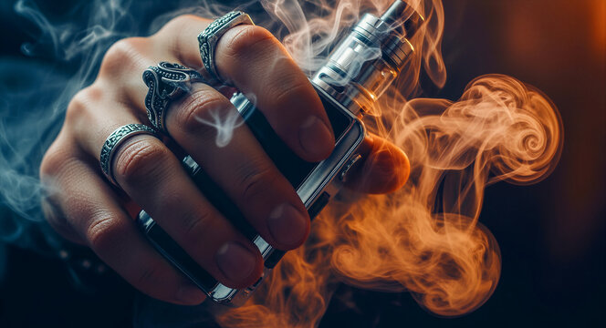 Close up of a hand with rings holding an electronic cigarette device. Orange and blue vapor swirls around the vape mod in a dark setting. Vaping lifestyle and smoking alternative concept for.