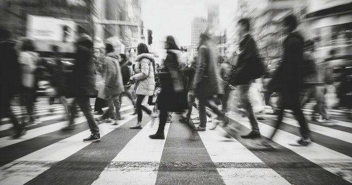 Blurred monochrome street scene with people crossing at a crosswalk