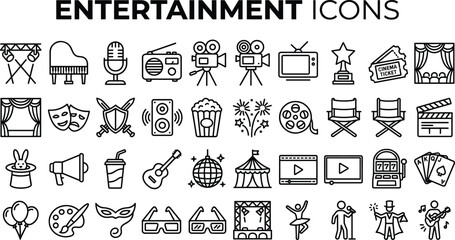 Entertainment and media line icon set featuring minimalist thin vector symbols for cinema music theater gaming and event performance industries. © Nayan