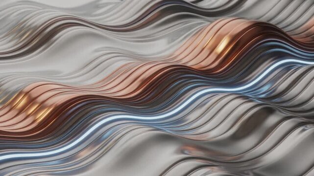Abstract metallic wave background with silver and copper flowing curves and smooth reflective textures