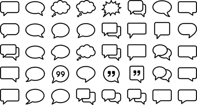 Speech bubble line icon set featuring clean black minimalist message dialogue and thought cloud vector symbols for user interface design.