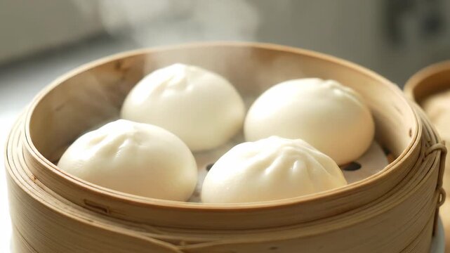 Close-up of white bread in a steamer, steaming buns in a steamer