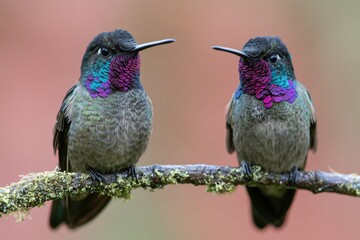 Fototapeta premium The Hummingbirds on a Mossy Branch with Iridescent Purple Gorgets