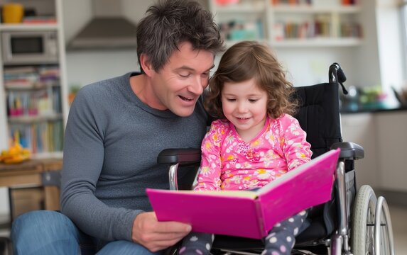 A Caucasian man and a young girl in a wheelchair read a pink book together indoors, sharing a joyful moment of learning and bonding in a warm, caring home setting.