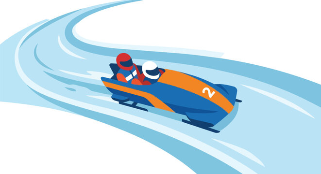 Two Man Bobsled Racing Team Speeding Through a Curved Ice Track Vector Design for Winter Games Event