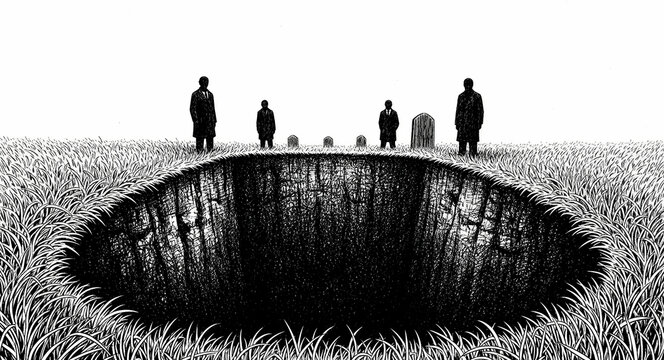 Silhouetted men in suits standing around a massive dark pit in a field. Surreal black and white illustration featuring an abyss in a graveyard setting. Grief, loss, and existential dread concepts.