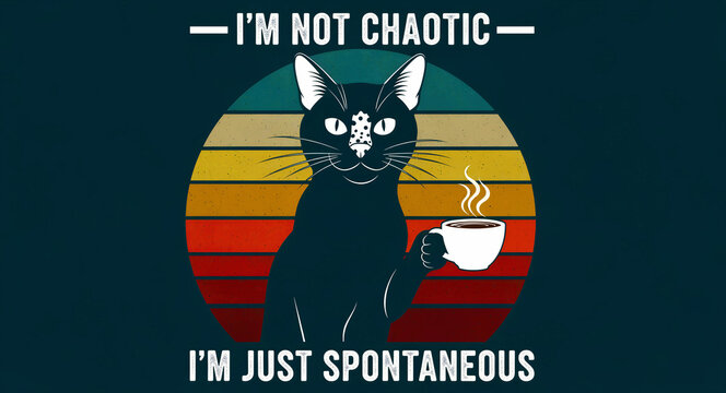 Black cat holding a coffee mug with a retro sunset background. Graphic features a funny quote about spontaneity and chaos. Humorous pet illustration for t-shirts, posters, and digital marketing.