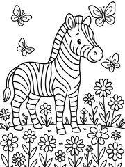 Obraz premium Cartoon Zebra with Butterflies and Flowers: A cute cartoon zebra stands in a field of daisies, with butterflies fluttering around its head, perfect for a children's coloring page or illustration.