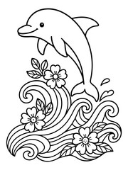 Fototapeta premium Playful Dolphin in Ocean Waves: A charming black and white illustration depicts a happy dolphin leaping through stylized ocean waves adorned with flowers, perfect for coloring or design.