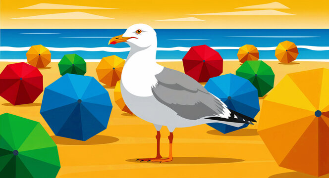 Seagull standing on a sandy beach with colorful umbrellas. Bird watching over the coastline with ocean waves and sunset sky. Summer vacation concept, ideal for tourism marketing and seasonal cards.