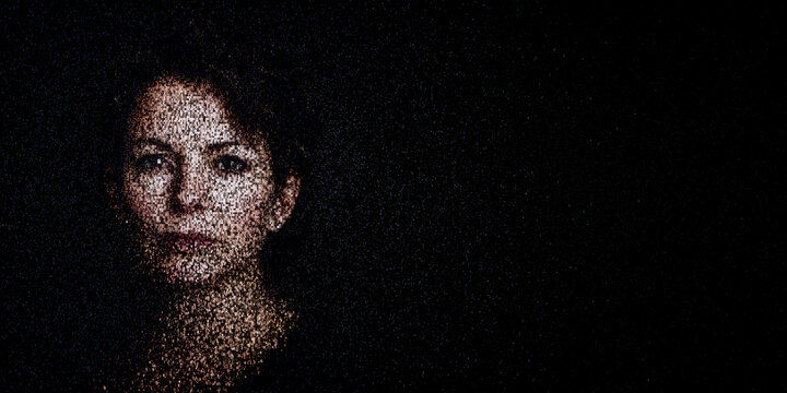 Digital ID Portrait of Woman with Face made up of Numbers and Symbols. Identity wallet Concept with copy-space.