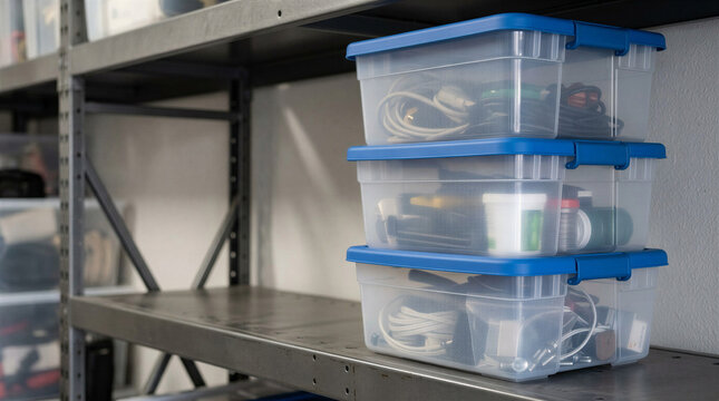 Clear storage boxes filled with cables on metal shelf in garage  