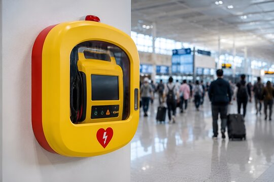 Automated external defibrillator AED station installed on wall in airport terminal