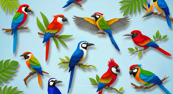 Colorful parrots and macaws perched on branches with tropical leaves. Stylized exotic birds are shown in a creative 3d paper cut digital art style. Tropical wildlife concept, ideal for summer decor.