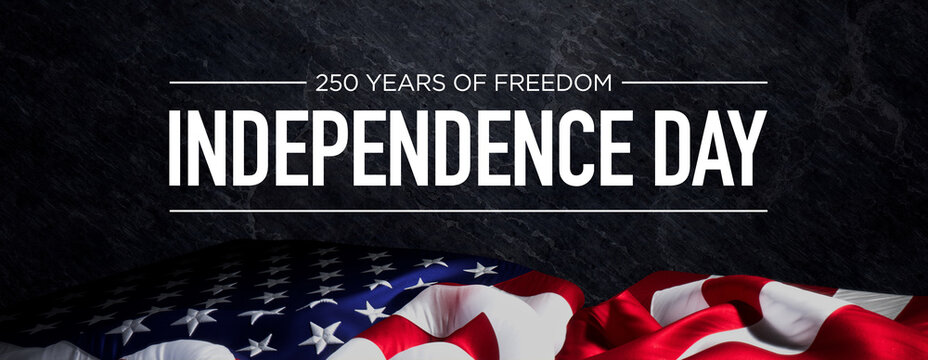 American Flag Close-Up with Text Celebrating 250 Years of Freedom on Black Background - Independence Day Commemoration Image