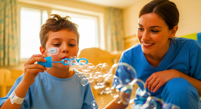 Boy in hospital gown blowing bubbles with a smiling nurse. Pediatric patient interacting with caregiver in a bright clinic room. Compassionate healthcare concept for medical marketing.