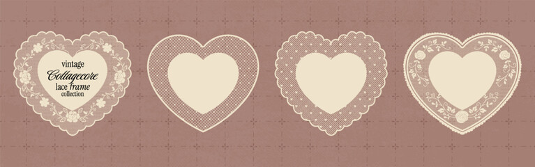 Obraz premium Whimsical heart lace frame collection with floral mesh motifs. Vintage cottagecore embroidery handkerchief set. Botanical crochet borders and scalloped heart shapes for wedding invitation or collages.