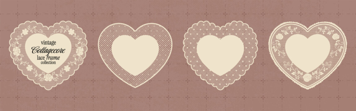 Whimsical heart lace frame collection with floral mesh motifs. Vintage cottagecore embroidery handkerchief set. Botanical crochet borders and scalloped heart shapes for wedding invitation or collages.