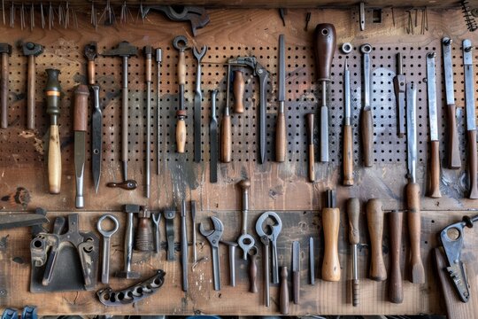 Many different tools hanging neatly organized on a pegboard in a workshop