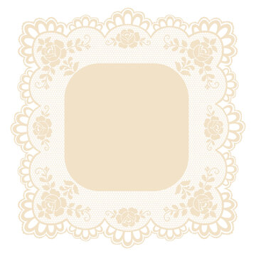 Whimsy square lace frame illustration. Vintage floral crochet border. Elegant doily embroidery handkerchief with rose ornaments and mesh texture for wedding stationery, branding and invitations.