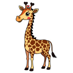 Obraz premium Cartoon Giraffe with Heart Antlers: A charming, illustrated giraffe stands proudly, featuring adorable heart-shaped antlers and expressive eyes, exuding warmth and friendliness.