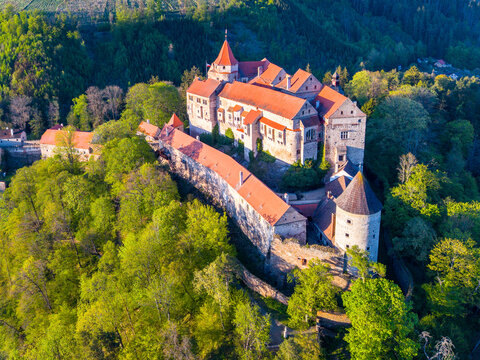 Pernstejn castle stands tall in a forested area. Green trees surround the castle. The buildings and towers show the architecture from medieval times. Sunlight brightens the scene.