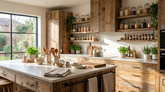 Sunny Modern Rustic Kitchen with Wooden Cabinets and Island