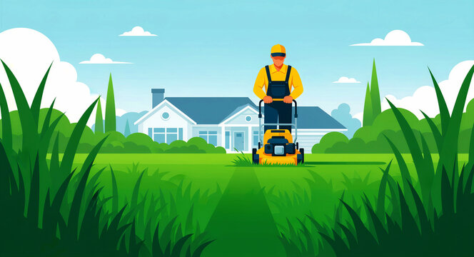 Man in workwear mowing a lush green lawn in front of a suburban house. Landscaper using a professional mower for residential yard maintenance. Ideal for landscaping service and home care marketing.