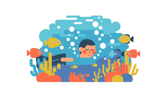 a man in a diving suit exploring ocean with colorful fish and coral.