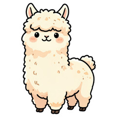 Obraz premium Cute Cartoon Llama: A fluffy, cream-colored llama with big, innocent eyes and rosy cheeks stands proudly, radiating a gentle and friendly aura.