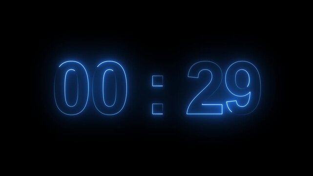 Timer displaying twenty-nine seconds in a glowing blue neon font illuminates the dark screen, representing a countdown that is ideal for time management, performance tracking, and digital interface.