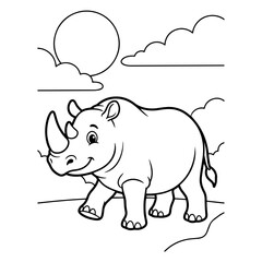 Fototapeta premium Rhinoceros walks through a sunny landscape with clouds in the background in this cheerful children coloring page illustration.