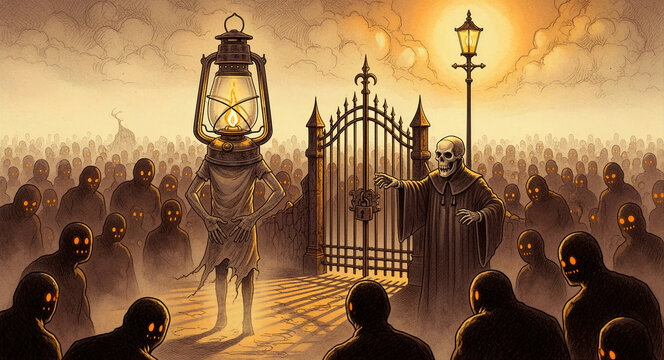 Lantern-headed man and skeletal reaper at a locked iron gate. Shadow spirits with glowing eyes gather in a misty afterlife landscape. Dark fantasy gatekeeper concept for mystery and horror themes.